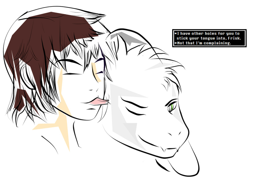 2016 aged_up asriel_dreemurr boss_monster brown_hair caprine duo fur goat hair horn human licking_ear male male/male mammal monster protagonist_(undertale) simple_background sketch text tongue undertale unknown_artist video_games white_background white_fur
