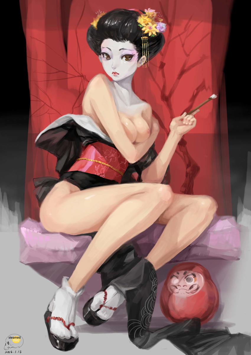 absurdres artist_logo bare_shoulders black_hair breast_hold breasts breasts_outside brown_eyes clothes_down cushion daruma_doll dated flower full_body geisha hair_flower hair_ornament highres japanese_clothes kanzashi legs light_frown lipstick looking_at_viewer makeup makeup_brush mascara medium_breasts nihongami nipples okobo original pelvic_curtain pink_lipstick sash sitting solo steamed_egg tabi