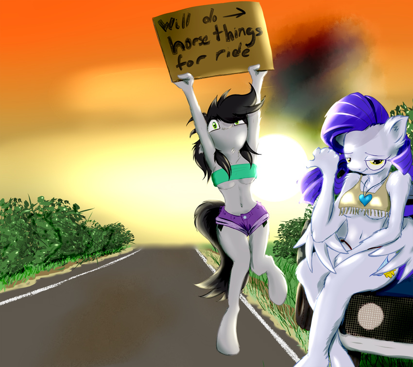 anthro car cutie_mark duo equine fan_character female frist44 hair hitchhiking long_hair mammal my_little_pony outside pegasus sign sunset vehicle wings