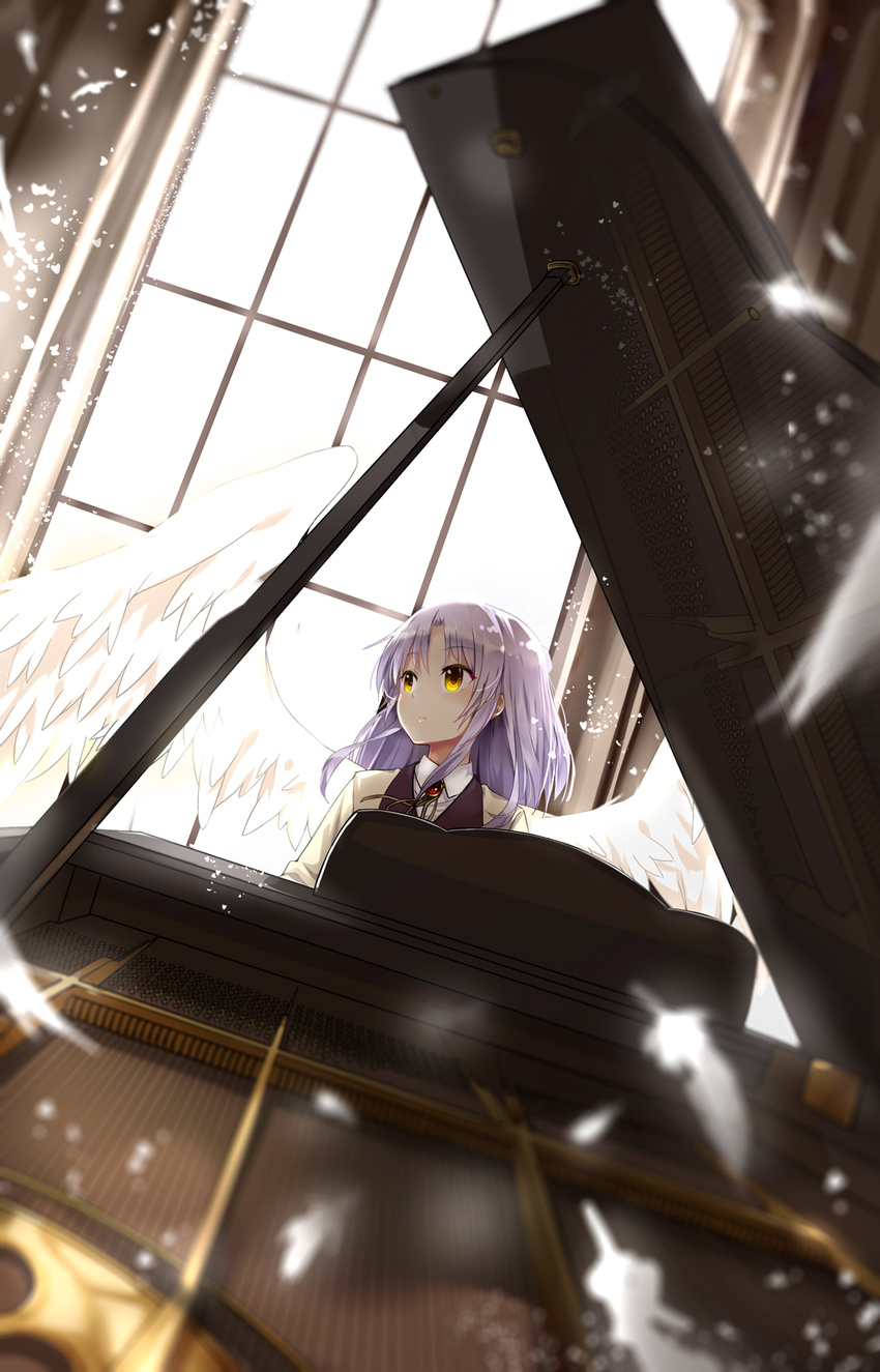 angel angel_beats! angel_wings blazer closed_mouth commentary_request dutch_angle feathered_wings feathers highres instrument jacket lf long_hair long_sleeves looking_to_the_side piano school_uniform silver_hair sitting solo tenshi_(angel_beats!) vest white_wings window wings yellow_eyes