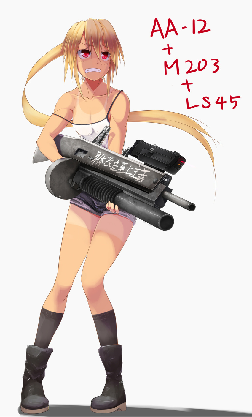 aa-12 absurdres blonde_hair boots borrowed_character collarbone commentary_request flat_chest full_body grenade_launcher grey_background gun highres jessica_jefferson knees_together_feet_apart long_hair long_sleeves m203 onibi_(foxhound4185) original ponytail red_eyes shirt_tan short_shorts shorts shotgun solo standing tan tank_top tanline underbarrel_grenade_launcher weapon