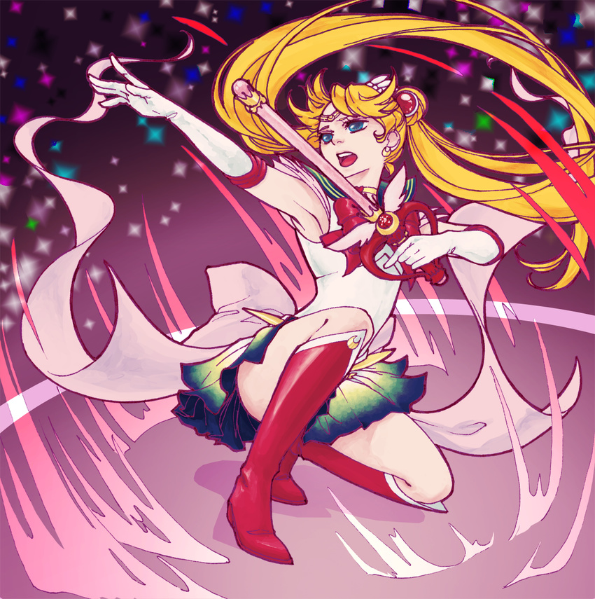 bishoujo_senshi_sailor_moon blonde_hair blue_eyes blue_sailor_collar boots choker crescent crescent_earrings crestomancer double_bun earrings elbow_gloves gloves highres holding holding_wand jewelry kaleidomoon_scope knee_boots long_hair miniskirt multicolored multicolored_clothes multicolored_skirt open_mouth pleated_skirt red_footwear ribbon sailor_collar sailor_moon sailor_senshi_uniform skirt solo sparkle super_sailor_moon tsukino_usagi twintails very_long_hair wand white_gloves