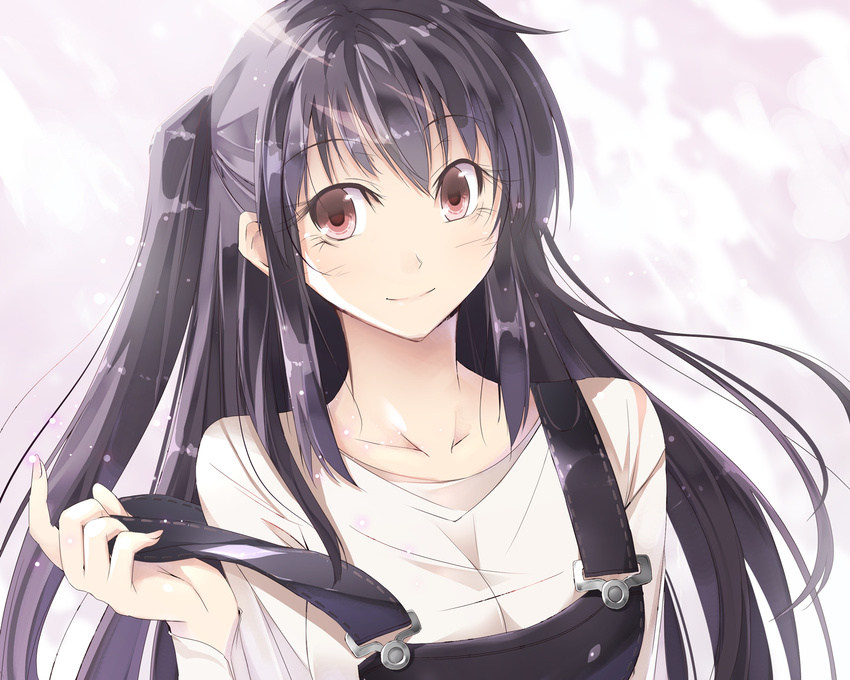black_hair brown_hair highres long_hair one_side_up original overalls satomi smile solo