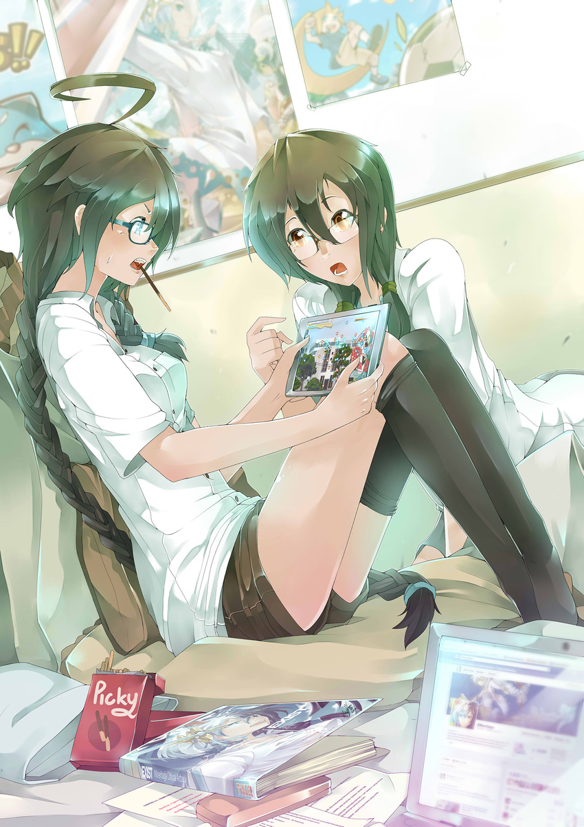 ahoge artist_self-reference bed black_legwear blue_eyes book braid brown_eyes brown_hair cameo computer dress_shirt facebook food from_side glasses glasses_case highres inheritage laptop long_hair low_twintails multiple_girls open_mouth original pillow playing_games pocky poster_(object) shirt short_shorts shorts sinlaire sitting tablet thighhighs thighhighs_pull twin_braids twintails white_shirt