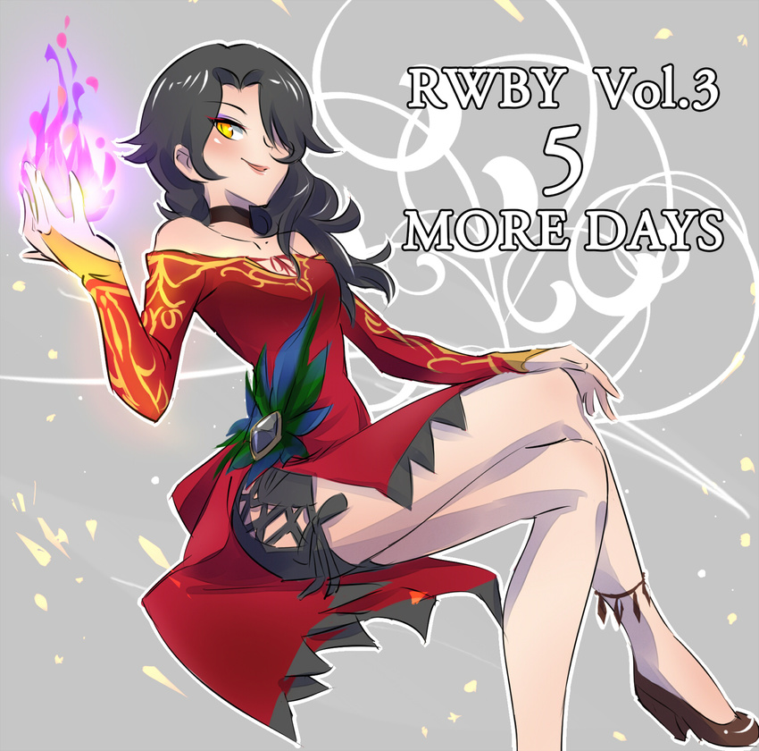 anklet black_hair cinder_fall countdown dress english eyeshadow fire fireball hair_over_one_eye highres iesupa jewelry makeup rwby side_slit smile solo yellow_eyes