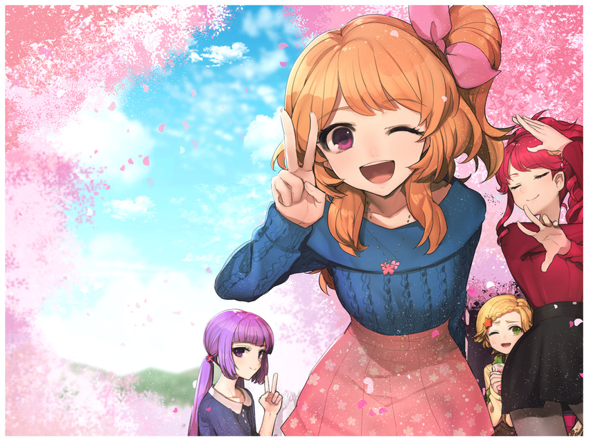 ;d aikatsu! aikatsu!_(series) alternate_hairstyle aran_sweater blonde_hair blush braid brown_hair casual cherry_blossoms closed_eyes french_braid green_eyes hair_ornament hair_ribbon hikami_sumire hitoto jewelry kurebayashi_juri long_hair long_sleeves looking_at_viewer multiple_girls necklace one_eye_closed one_side_up oozora_akari open_mouth ponytail pose purple_eyes purple_hair red_eyes ribbon shinjou_hinaki short_hair skirt smile star star_hair_ornament sweater tree twintails v