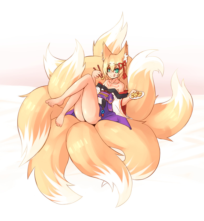 :q absurdres animal_ear_fluff animal_ears ass bare_legs bare_shoulders barefoot chopsticks food fox_ears fox_tail green_eyes hair_ornament highres holding holding_plate japanese_clothes large_tail looking_at_viewer mon-musu_quest! multiple_tails no_panties obi off_shoulder plate reclining sash slit_pupils solo sub-res tail tamamo_(mon-musu_quest!) tattoo tongue tongue_out