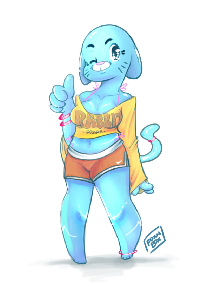 anthro blue_fur breasts cat cleavage clothed clothing feline female foxnbox fur mammal mature_female mother nicole_watterson parent shorts solo the_amazing_world_of_gumball thumbs_up