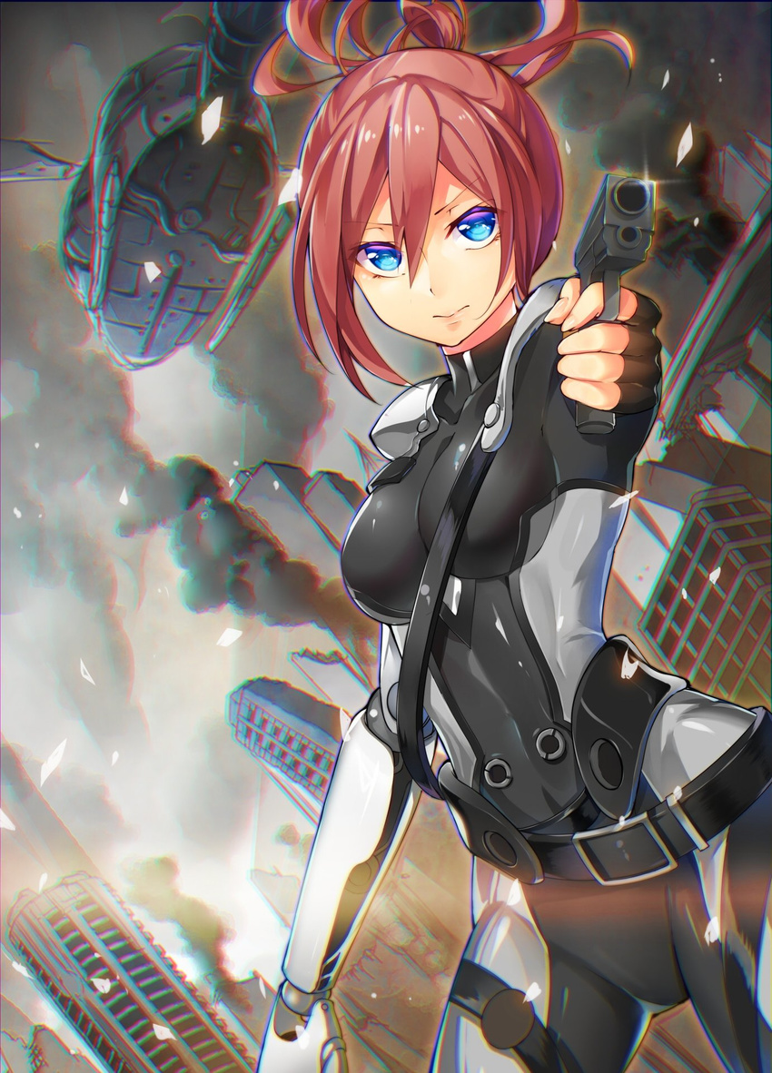 aiming_at_viewer aircraft belt blue_eyes bodysuit broken_ground building chromatic_aberration closed_mouth cyborg fingerless_gloves floating_hair gloves gun hair_between_eyes handgun helicopter highres holding holding_gun holding_weapon long_hair looking_at_viewer mecha_musume mechanical_arm muzzle nonomaro original pistol ponytail prosthesis prosthetic_arm red_hair robot_joints shiny shiny_clothes shiny_hair shoulder_pads skin_tight smoke solo thigh_strap tsurime turtleneck weapon