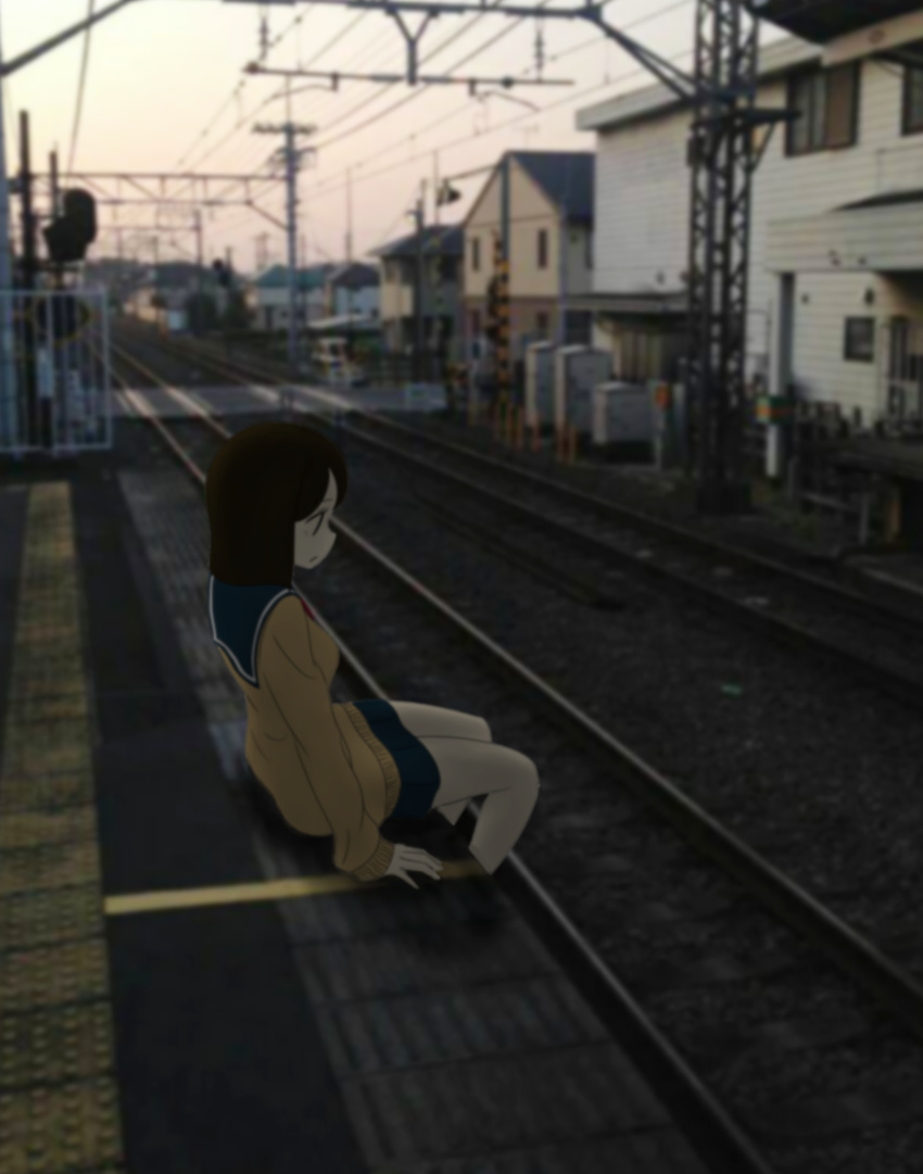 absurdres arm_support black_eyes black_hair building cable highres house looking_down original outdoors overhead_line photo_background power_lines railroad_tracks realistic scenery school_uniform serafuku sitting skirt sky solo supodorichan tactile_paving telephone_pole train_station vanishing_point