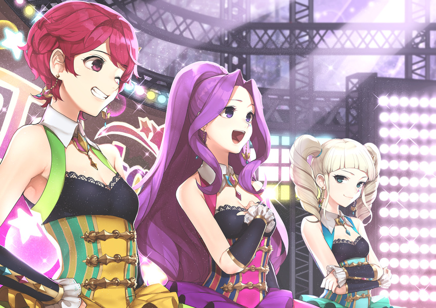 aikatsu! aikatsu!_(series) bare_shoulders blonde_hair blue_eyes blush breasts cleavage crossed_arms detached_sleeves dress drill_hair earrings grin highres hitoto ichinose_kaede jewelry kanzaki_mizuki long_hair medium_breasts multiple_girls one_eye_closed open_mouth purple_eyes purple_hair red_eyes red_hair short_hair smile toudou_yurika twin_drills twintails