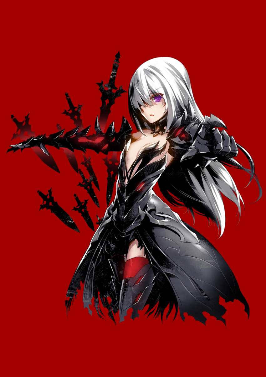 alternate_costume armor armored_dress bare_shoulders black_dress breasts cleavage closers detached_collar dress gauntlets greaves hair_over_one_eye highres long_hair official_art outstretched_arms purple_eyes red_background red_legwear seulbi_lee simple_background small_breasts solo thighhighs waifu2x white_hair