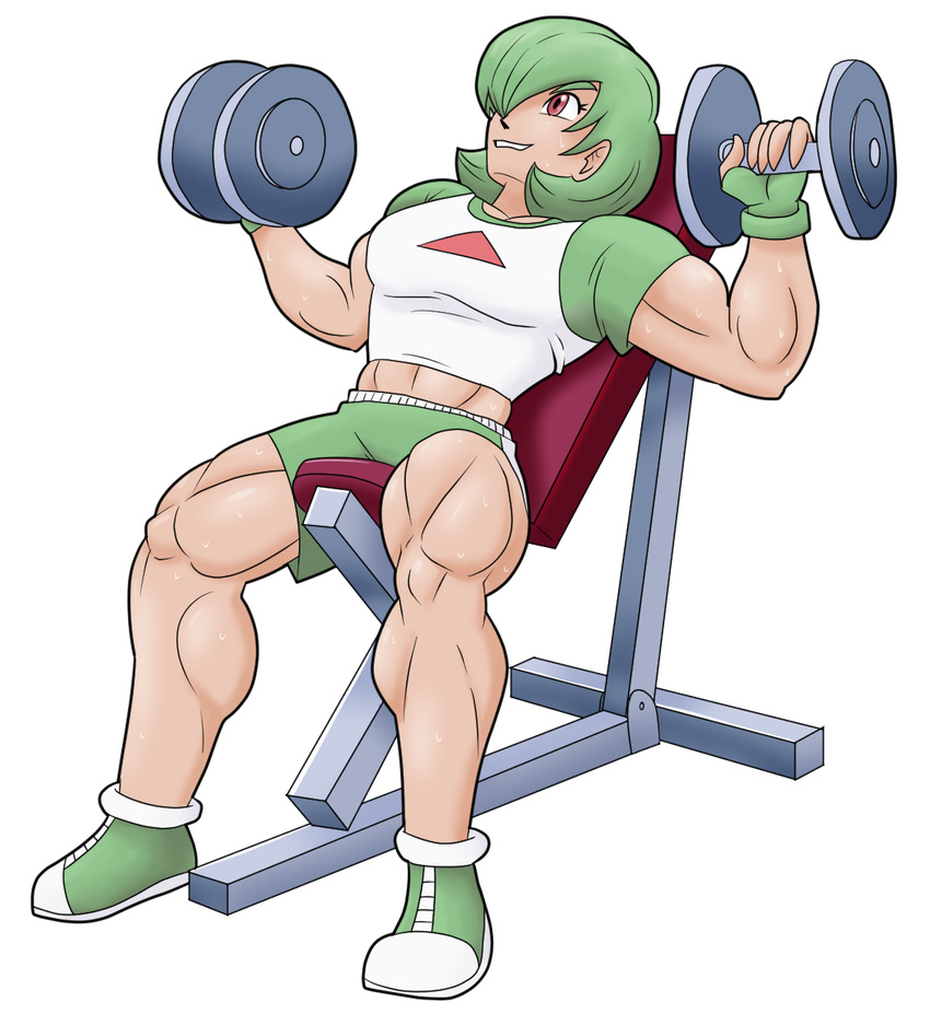 advanceddefense dumbbell exercise fingerless_gloves gardevoir gen_3_pokemon gloves green_hair highres humanization midriff muscle muscular_female pokemon red_eyes shirt short_hair shorts solo sweat t-shirt weightlifting weights