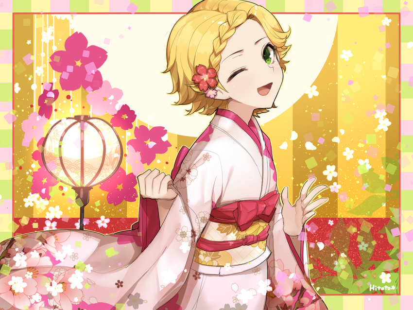 aikatsu! aikatsu!_(series) artist_name blonde_hair blush flower green_eyes hair_flower hair_ornament hitoto japanese_clothes kimono lantern looking_at_viewer obi one_eye_closed open_mouth sash shinjou_hinaki short_hair smile solo