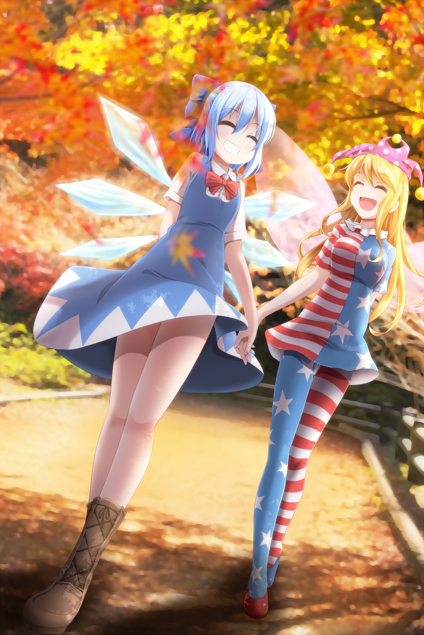 :d ^_^ american_flag_dress american_flag_legwear autumn_leaves blonde_hair blue_hair boots bow cirno closed_eyes clownpiece evandragon fairy_wings grin hair_bow hair_ribbon hat highres holding_hands ice ice_wings jester_cap long_hair mismatched_footwear multiple_girls open_mouth pantyhose ribbon shoes short_hair smile touhou wings