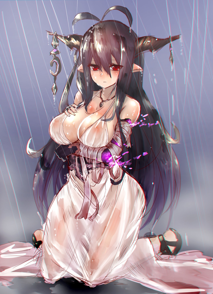 absurdres antenna_hair bad_id bad_pixiv_id bandaged_arm bandages black_hair breasts chromatic_aberration danua deluxe&lt;&lt;&lt; draph dress granblue_fantasy highres horns large_breasts long_hair nipples pointy_ears rain red_eyes solo wet wet_clothes wet_dress white_dress