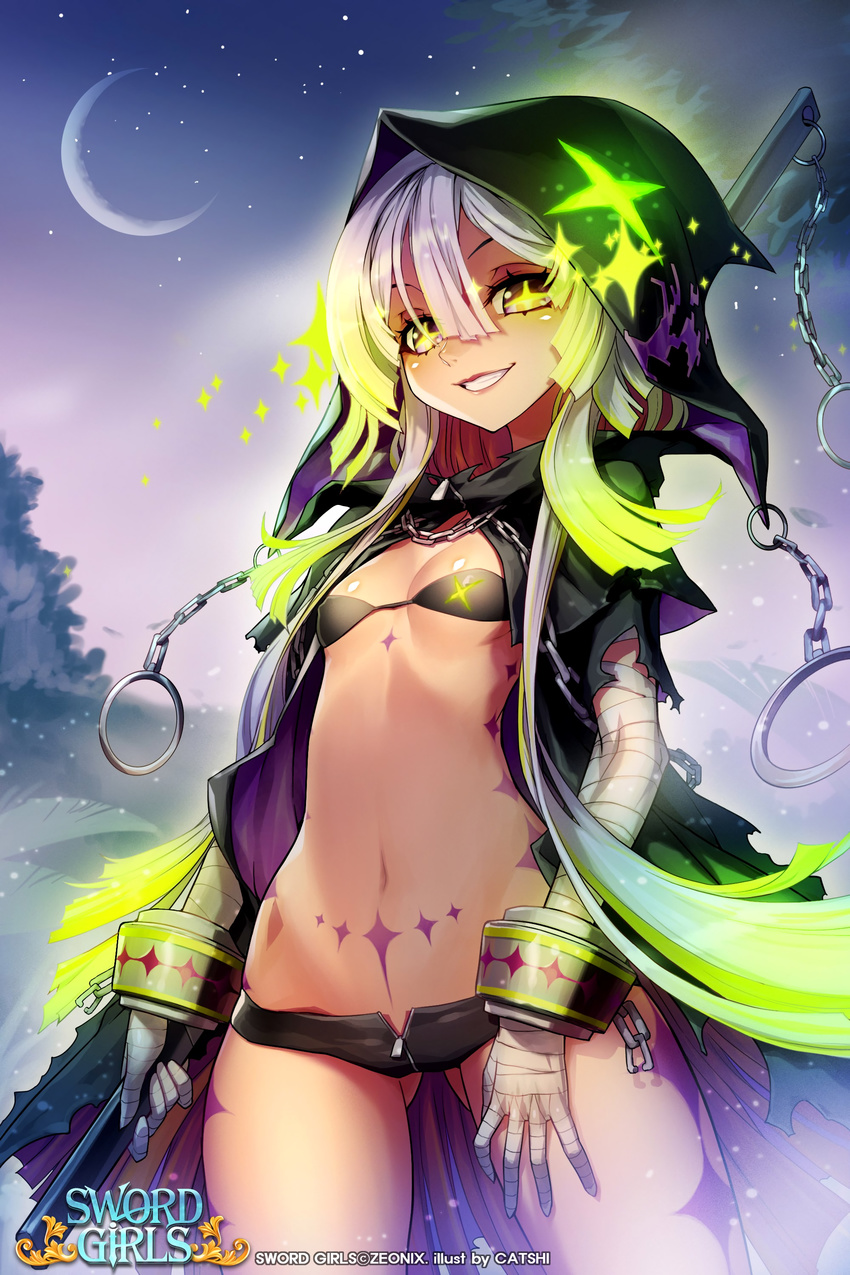 1girl absurdres ass_visible_through_thighs bandaged_arm bandages black_bikini_top breasts cat_shi cloak crescent_moon cuffs dark_skin glowing glowing_hair green_eyes green_hair grin highres hood hooded_cloak hoodie lavender_hair lipstick makeup midriff moon navel night night_sky official_art open_fly polearm pubic_tattoo shackles short_hair_with_long_locks short_shorts shorts sidelocks sky small_breasts smile solo sword_girls symbol-shaped_pupils tattoo unzipped watermark weapon