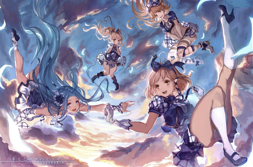 :d alternate_costume artist_name ass bangs black_footwear black_legwear blonde_hair blue_bow blue_eyes blue_hair blue_ribbon blue_vest blush boots bow brown_hair brown_ribbon cloud djeeta_(granblue_fantasy) falling feathers gloves granblue_fantasy hair_bow hair_ornament hair_ribbon hairband hands_on_own_face high_heel_boots high_heels kimi_to_boku_no_mirai kneehighs leg_ribbon long_hair looking_at_viewer lyria_(granblue_fantasy) mary_(granblue_fantasy) midriff multiple_girls open_mouth outdoors outstretched_arms panties pantyshot parted_bangs plaid plaid_skirt ponytail puffy_short_sleeves puffy_sleeves ribbon shoes short_hair short_sleeves skirt skirt_lift skirt_tug sky smile underwear uniform upskirt usanekorin v_arms vest vira_lilie white_footwear white_gloves white_legwear white_panties wrist_cuffs