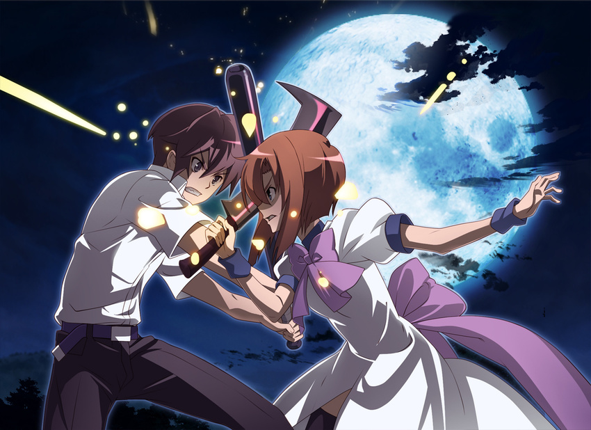 1girl angry baseball_bat battle blue_eyes bow bowtie brown_hair clash cleaver clenched_teeth duel full_moon higurashi_no_naku_koro_ni maebara_keiichi moon night night_sky nyoro_(nyoronyoro000) orange_hair outdoors puffy_short_sleeves puffy_sleeves ryuuguu_rena serious shirt short_hair short_sleeves sky spoilers teeth tree tsumihoroboshi-hen white_shirt wristband