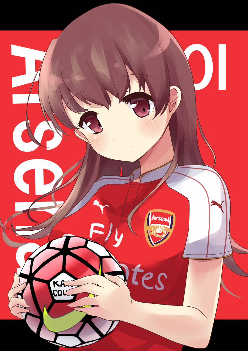 arsenal_fc ball brown_eyes brown_hair england english highres holding holding_ball kantai_collection long_hair looking_at_viewer ooi_(kantai_collection) premier_league smile soccer soccer_uniform solo soramuko sportswear upper_body