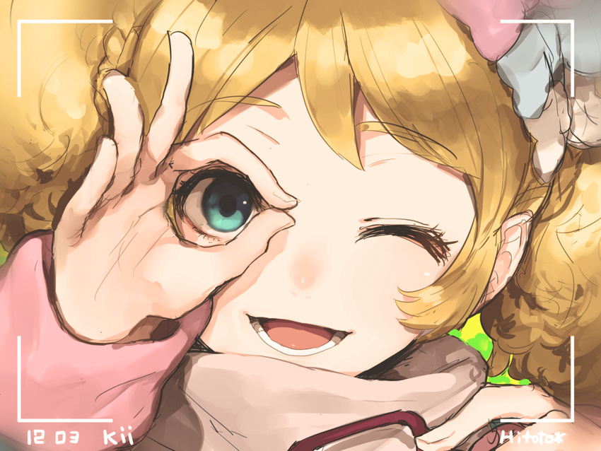 aikatsu! aikatsu!_(series) blonde_hair blue_eyes blush bow dated hair_bow hitoto looking_at_viewer ok_sign one_eye_closed open_mouth saegusa_kii smile solo taking_picture twintails