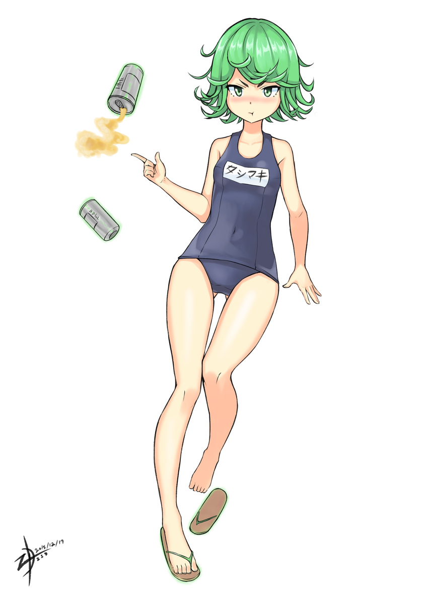 2015 bad_id bad_pixiv_id blush covered_navel dated full_body gogongzid green_eyes green_hair highres one-piece_swimsuit one-punch_man pout sandals school_swimsuit short_hair simple_background solo swimsuit tatsumaki telekinesis white_background