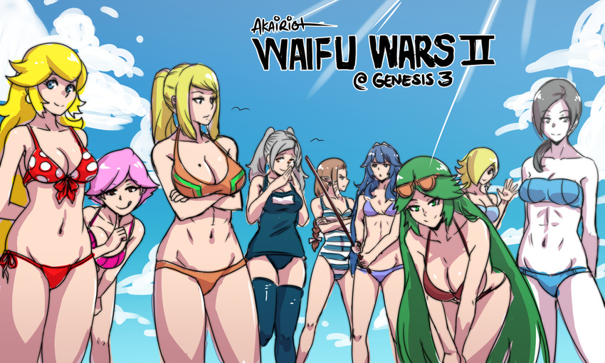 :q @_@ akairiot arm_behind_back bad_id bad_tumblr_id bandeau bikini bird black_hair blonde_hair blue_bikini blue_eyes blue_hair blue_legwear braid breasts brown_eyes brown_hair cleavage cloud commentary covered_navel crossed_arms day doubutsu_no_mori earrings eyewear_on_head female_my_unit_(fire_emblem:_kakusei) fingers_together fire_emblem fire_emblem:_kakusei front-tie_top green_eyes green_hair grey_hair hair_over_one_eye jewelry kid_icarus kid_icarus_uprising large_breasts long_hair looking_at_viewer lucina mario_(series) medium_breasts metroid mole mole_on_breast mole_under_mouth multiple_girls my_unit_(fire_emblem:_kakusei) navel one-piece_swimsuit palutena pink_bikini pink_hair pointy_ears polka_dot polka_dot_swimsuit ponytail princess_peach princess_zelda purple_bikini red_bikini rosetta_(mario) samus_aran school_swimsuit short_hair side-tie_bikini sidelocks sky small_breasts smile stick striped striped_swimsuit sunglasses super_mario_bros. super_mario_galaxy super_smash_bros. swimsuit the_legend_of_zelda the_legend_of_zelda:_twilight_princess thighhighs tongue tongue_out twintails very_long_hair villager_(doubutsu_no_mori) white_skin wii_fit wii_fit_trainer