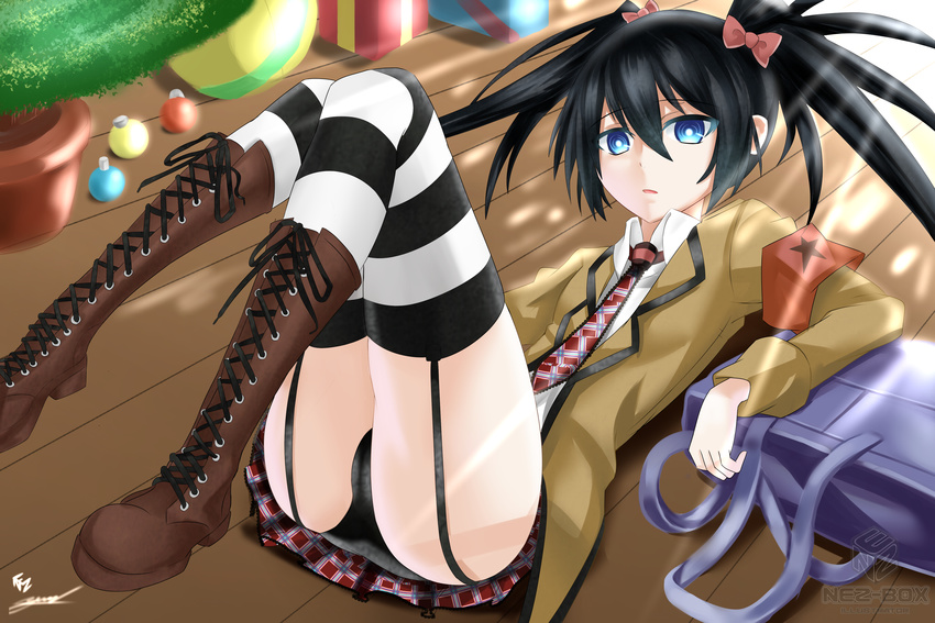 absurdres armband ass black_hair black_panties black_rock_shooter black_rock_shooter_(character) black_rock_shooter_(game) blue_eyes boots brown_footwear cameltoe christmas_ornaments christmas_tree cross-laced_footwear garter_straps gift highres jacket knee_boots lace-up_boots lying nez-kun on_back panties plaid plaid_skirt skirt solo striped striped_legwear thighhighs twintails underwear