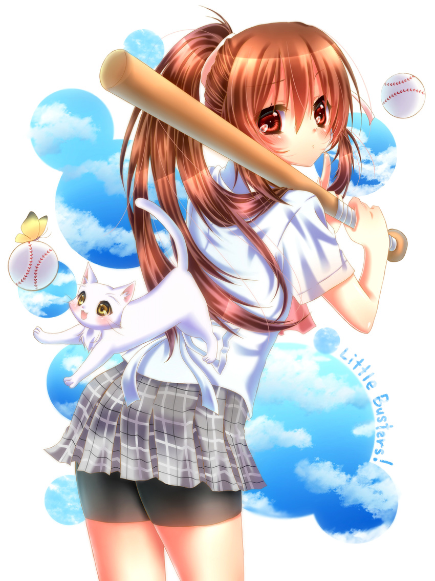 absurdres baseball baseball_bat bike_shorts brown_eyes brown_hair bug butterfly cat copyright_name highres insect lennon little_busters! long_hair looking_at_viewer natsume_rin pleated_skirt shorts shorts_under_skirt skirt solo touki_matsuri