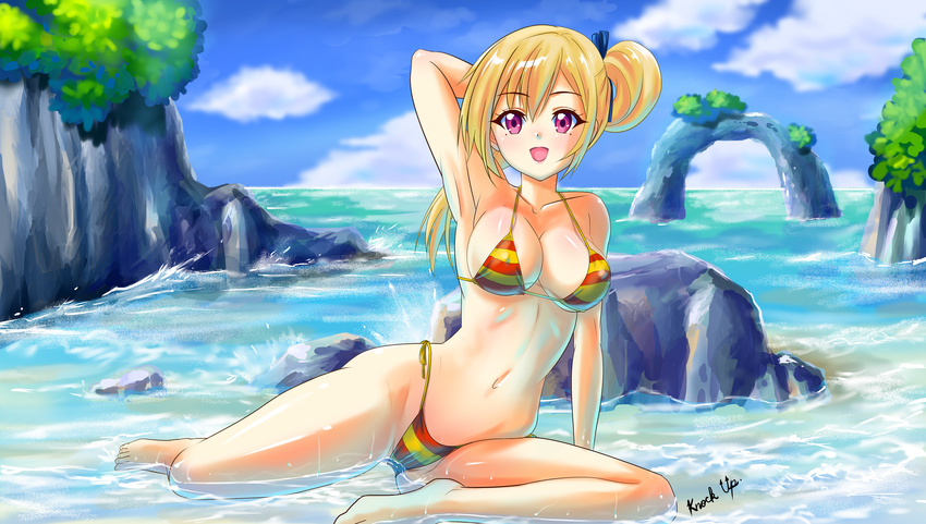 :d absurdres alternate_costume arm_support arm_up armpits artist_name bangs barefoot bikini blonde_hair blue_ribbon blush breasts cleavage cloud collarbone colored_stripes covered_nipples day eyebrows eyebrows_visible_through_hair hair_ribbon highres holding holding_hair kawakami_mai large_breasts long_hair looking_at_viewer mole mole_under_eye musaigen_no_phantom_world navel ocean open_mouth outdoors partially_submerged purple_eyes ribbon ribs shiny shiny_skin side-tie_bikini side_ponytail signature sitting sky smile solo stomach strap_gap striped striped_bikini swimsuit tan_(knock_up) waves