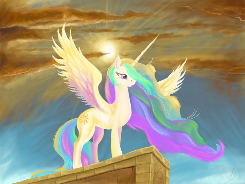 2014 cloud cutie_mark equine feathered_wings feathers female feral friendship_is_magic fur hair horn mammal multicolored_hair my_little_pony nightshroud outside princess_celestia_(mlp) purple_eyes royalty sky solo sun white_feathers white_fur winged_unicorn wings