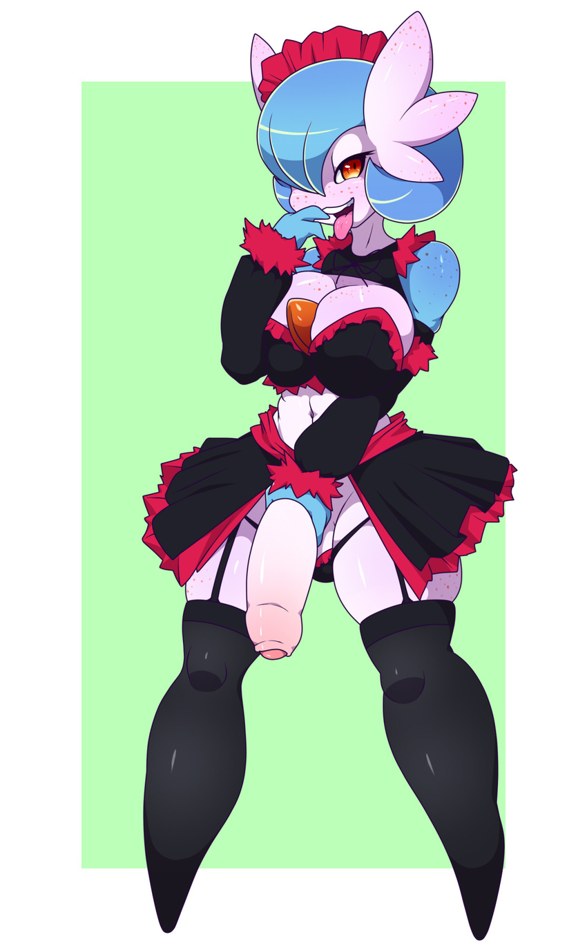 2016 alternate_color amber_eyes anthro armwear big_breasts bow_tie breasts clothed clothing dickgirl edit gardevoir garter_straps green_hair hair hi_res humanoid intersex legwear looking_at_viewer maid_uniform mammal nintendo open_mouth penis pok&eacute;mon shiny_pok&eacute;mon simple_background smile solo stockings teeth tongue tongue_out twisted-brit uniform video_games waru-geli