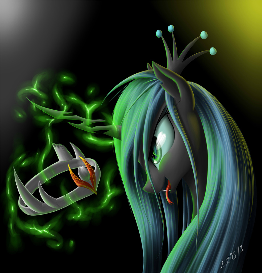 2013 changeling crown female friendship_is_magic gradient_background green_eyes green_hair hair hi_res magic my_little_pony queen_chrysalis_(mlp) simple_background smile solo tongue zigword