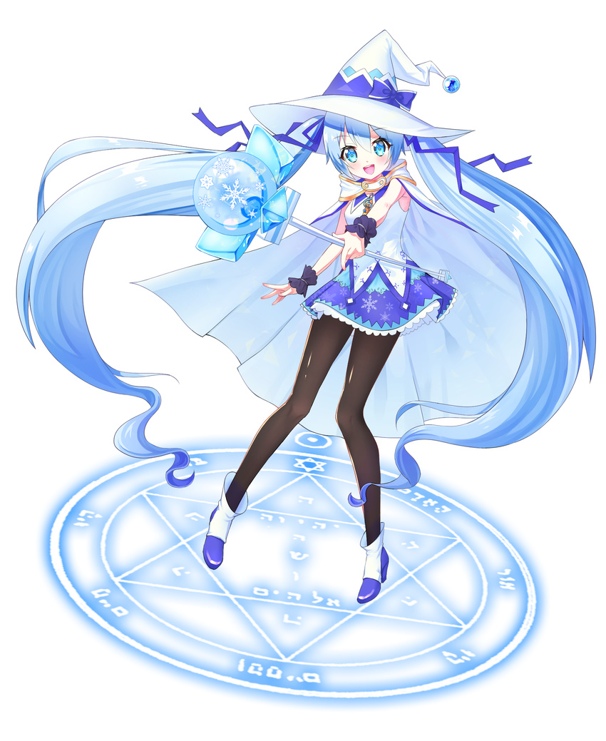 absurdly_long_hair blue_eyes blue_hair cape full_body hair_ribbon hat hatsune_miku highres long_hair magic_circle open_mouth pantyhose pine_(angel4195202) ribbon simple_background skirt snowflakes solo suki!_yuki!_maji_magic_(vocaloid) twintails very_long_hair vocaloid wand white_background witch_hat yuki_miku