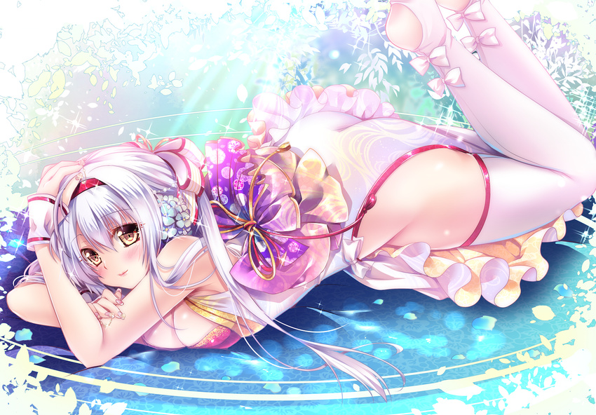 ass bare_shoulders barefoot blush bow breasts china_dress chinese_clothes cleavage dress fingernails flower frills full_body hair_flower hair_ornament hairband hips kantai_collection large_breasts legs_up long_fingernails looking_at_viewer lying nail_polish no_panties obi on_stomach petals pink_bow pink_nails sakurano_tsuyu sash shoukaku_(kantai_collection) sleeveless sleeveless_dress smile solo sparkle tassel the_pose thighhighs white_hair white_legwear wrist_cuffs yellow_eyes