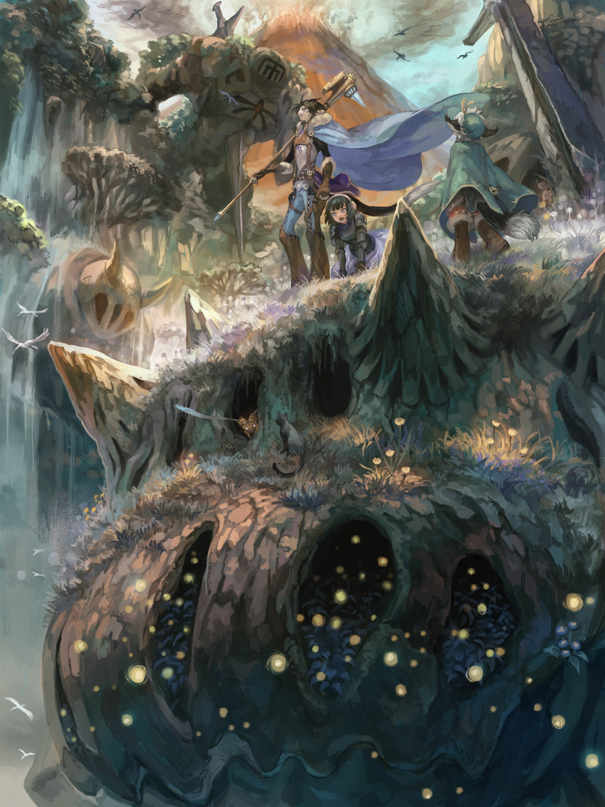 2boys :o ahoge armor armored_dress bird black_hair boots cape elbow_gloves forest fur_trim gauntlets gloves golem hammer highres multiple_boys nature oca short_hair shoulder_armor spaulders staff tree volcano water waterfall