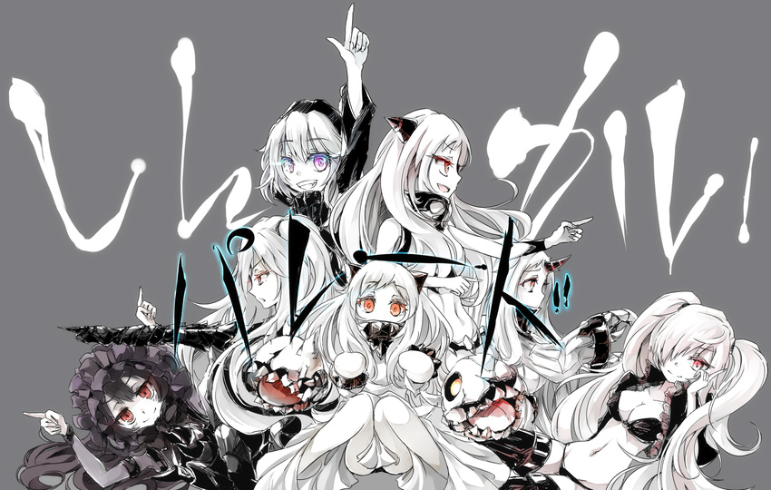 aircraft_carrier_hime airfield_hime bad_id bad_pixiv_id bikini_top breasts claws cleavage death_parade dress flyers frills grin harapekopikachu hood horn horns index_finger_raised isolated_island_oni kantai_collection lolita_fashion medium_breasts mittens multiple_girls navel northern_ocean_hime one_side_up orange_eyes parody pointing re-class_battleship seaport_hime sharp_teeth smile southern_ocean_war_hime teeth translated twintails white_dress white_hair