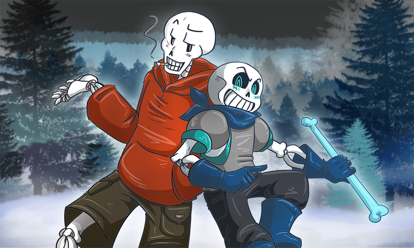 animated_skeleton bone boots cigarette clothed clothing duo footwear gloves hi_res hoodie male monster pants papyrus_(undertale) sans_(undertale) scarf shorts skeleton smile text toono_(artist) undead underswap undertale video_games