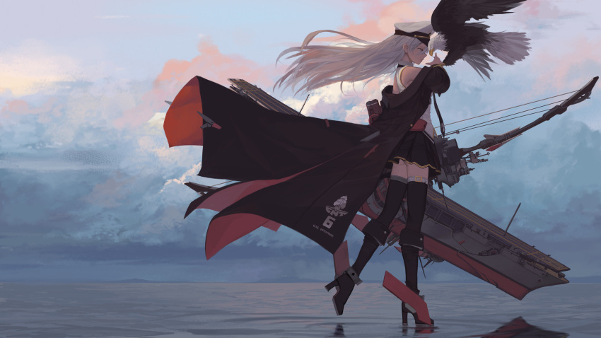1girl absurdres arm_up azur_lane bald_eagle bangs bare_shoulders bird black_coat blue_sky boots bow_(weapon) clothes_writing cloud coat collared_shirt commentary compound_bow day dishwasher1910 eagle english_commentary enterprise_(azur_lane) flight_deck floating_hair from_side hair_between_eyes hat high_heel_boots high_heels highres holding holding_bow_(weapon) holding_weapon horizon long_hair military military_hat miniskirt necktie official_art open_clothes open_coat outdoors peaked_cap purple_eyes rigging ripples rudder_shoes serious shirt sidelocks silver_hair skirt sky sleeveless sleeveless_shirt standing thighhighs walking walking_on_liquid water weapon white_hat wind wind_lift