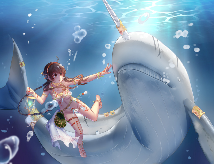 absurdres air_bubble animal anklet armband barefoot belt bracelet braid breasts breath brown_hair bubble collar convenient_censoring dongqing_zaozigao freediving hairband highres holding_breath hybrid jewelry lantern long_hair medium_breasts naked_belt narwhal necklace nude orange_eyes scar solo tattoo toe_ring underwater vocaloid vocanese whale yuezheng_ling