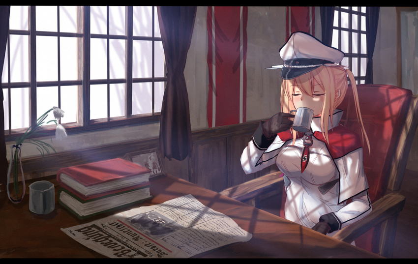 black_gloves blonde_hair blush book_stack border breasts capelet chair closed_eyes cross_print cup curtains desk drink flower frame glass gloves graf_zeppelin_(kantai_collection) hair_between_eyes hat holding impossible_clothes indoors iron_cross jacket kantai_collection karo-chan large_breasts letterboxed long_hair long_sleeves mug necktie newspaper peaked_cap photo_(object) shade sidelocks sitting solo twintails upper_body vase white_flower window window_shade wooden_wall