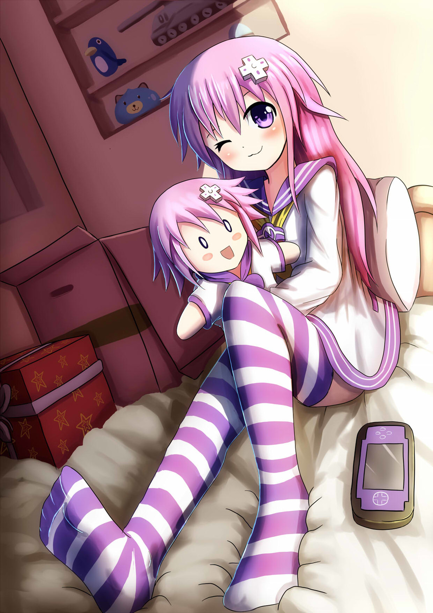 :3 arlly_radithia bed blush box d-pad d-pad_hair_ornament dogoo game_console hair_ornament highres nepgear neptune_(series) one_eye_closed prinny purple_eyes purple_hair striped striped_legwear stuffed_animal stuffed_toy