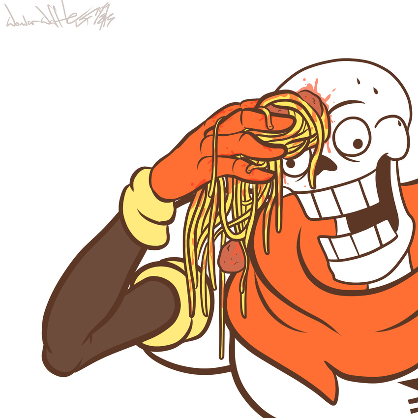 animated_skeleton armwear bone cape clothing food gloves male meatball meme open_mouth papyrus pasta skeleton spaghetti sweat teeth undead undertale video_games wide_eyed wipe wonder-waffle