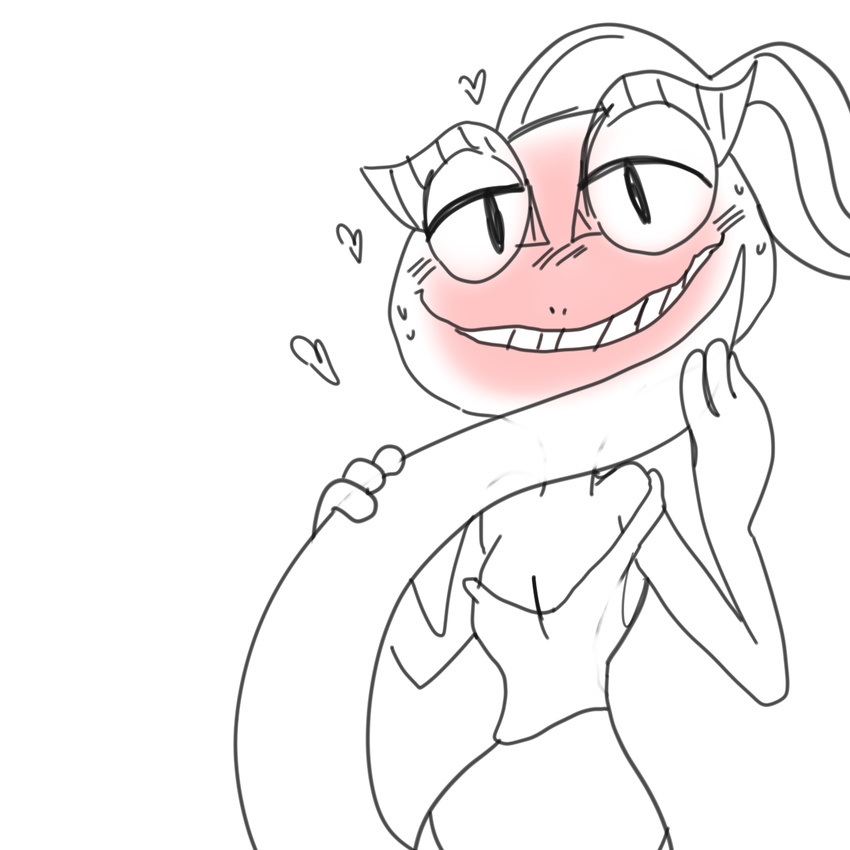 &lt;3 anthro blush breasts chameleon dreamworks female lizard lizzie looking_at_viewer monochrome ponytail reptile scalie smile standing teeth unknown_artist