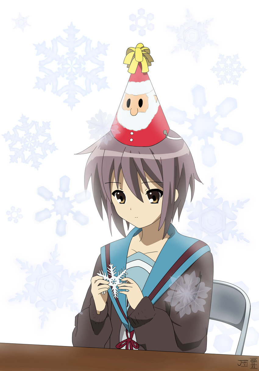 absurdres highres jjdan kita_high_school_uniform nagato_yuki purple_hair school_uniform serafuku short_hair sitting snowflakes solo suzumiya_haruhi_no_shoushitsu suzumiya_haruhi_no_yuuutsu