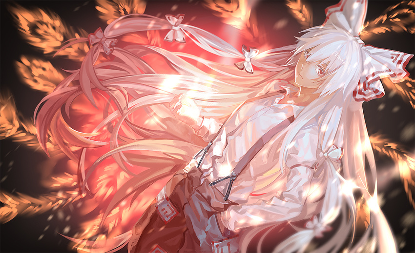 albino black_background blurry bow burning_hand closed_mouth collared_shirt depth_of_field dress_shirt feathers fire floating_hair fujiwara_no_mokou hair_bow hand_in_pocket light_frown long_hair long_sleeves looking_at_viewer multi-tied_hair ofuda pants red_eyes red_pants rff_(3_percent) shirt silver_hair solo suspenders touhou very_long_hair white_bow white_hair white_shirt