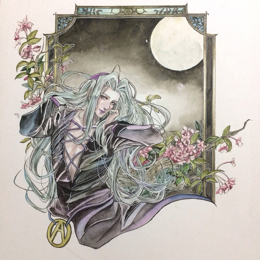 flower grey_hair hat highres jojo_no_kimyou_na_bouken leone_abbacchio lipstick long_hair makeup male_focus moon petals purple_eyes purple_lipstick sata_hatoko scan solo traditional_media upper_body