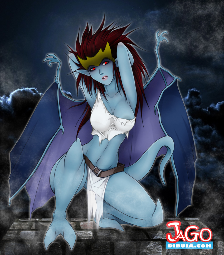 armpits arms_above_head blue_skin breasts clothed clothing crouching demona disney featureless_crotch female gargoyle gargoyles hair jago_dibuja loincloth membranous_wings nipple_slip nipples pointy_ears pose raised_arm red_eyes red_hair skimpy solo translucent transparent_clothing wings