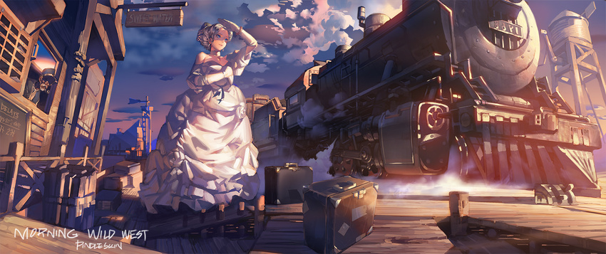 1girl artist_name bangle bare_shoulders beard blonde_hair blue_eyes bracelet building choker cloud dress earrings elbow_gloves facial_hair frills gathers gloves gown ground_vehicle hair_bun hand_on_own_chest hat highres jewelry light_smile locomotive long_dress long_hair luggage mustache necklace old_man original outdoors pindleskin pipe puffy_sleeves shading_eyes short_hair sign silver_hair sky smile standing steam sticker strapless strapless_dress suitcase sunlight sunset train train_station water_tower western white_dress