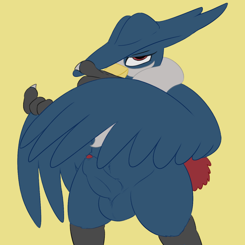 anthro anthrofied avian balls beak bird blue_feathers claws corvid crow erection feathered_wings feathers half-closed_eyes hi_res honchkrow humanoid_penis looking_at_viewer male nintendo nude partially_retracted_foreskin penis pok&eacute;mon posexe presenting red_eyes simple_background slightly_chubby smile solo uncut video_games wings